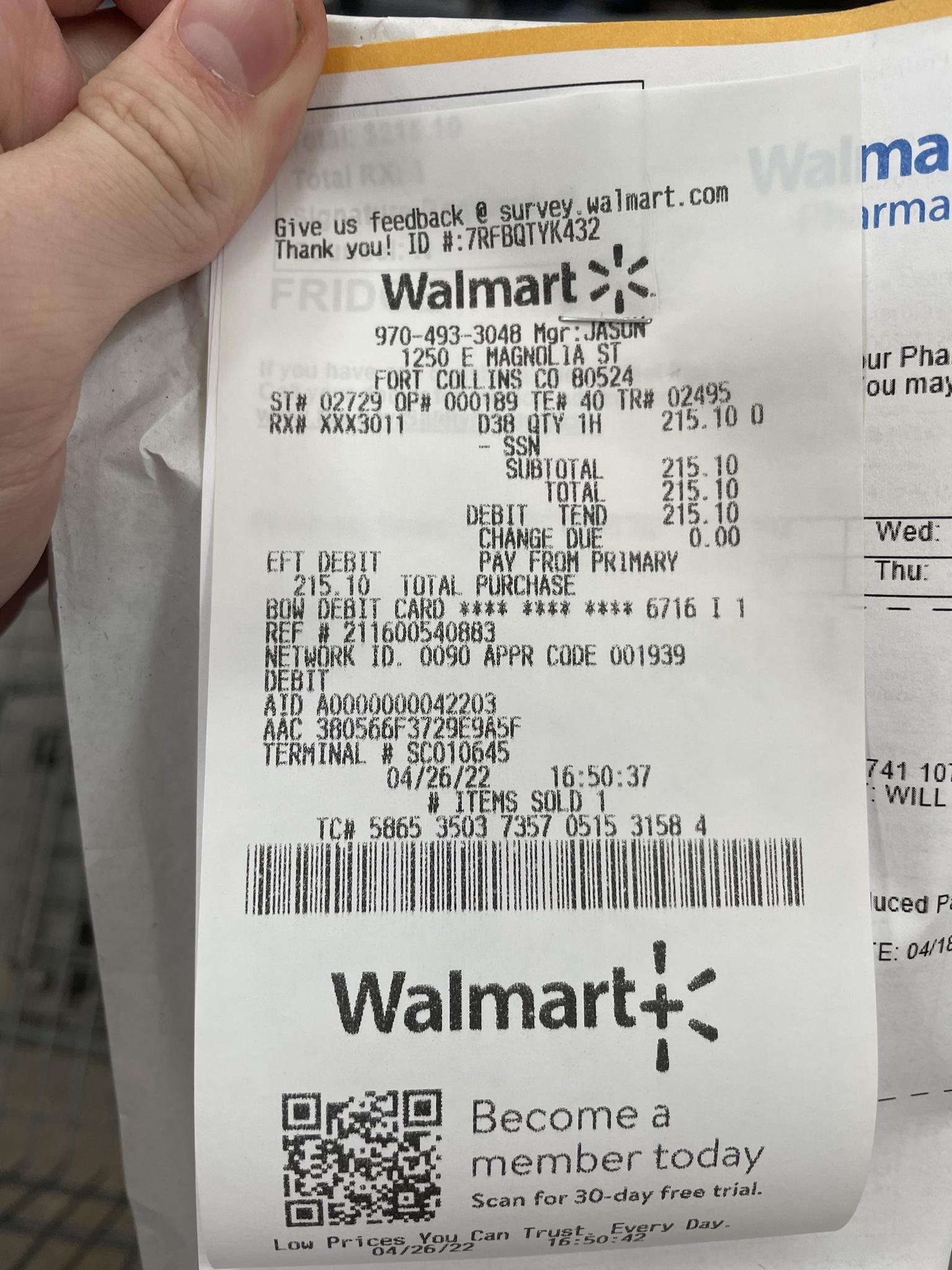 survey walmartcomn k Bive us FeedbeCr RABaTYKA32 b walmart 970 493 3048 W 1250 E MAGNOL1A ST wur Pha FORT COLLINS CO 80524 779 OF 000189 TE 40 TR 024 3011 D38 arv 1H 2 sunmrAL 7 oo 32 CHANGE DUE DERLT PAY FROM PRI I TOTAL PURCHASE BIHARY Thu i L LN CARD bk khkw kkkx 6716 1 1 g 1600540883 ih 0090 APPR CODE 001939 000000004220 38065372995 INAL 30104 zzz 16 50 3 741 10 TEMS Snlg 7357 0515 3158 4 IMIH