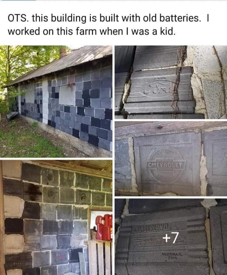 OTS this building is built with old batteries worked on this farm when was a kid