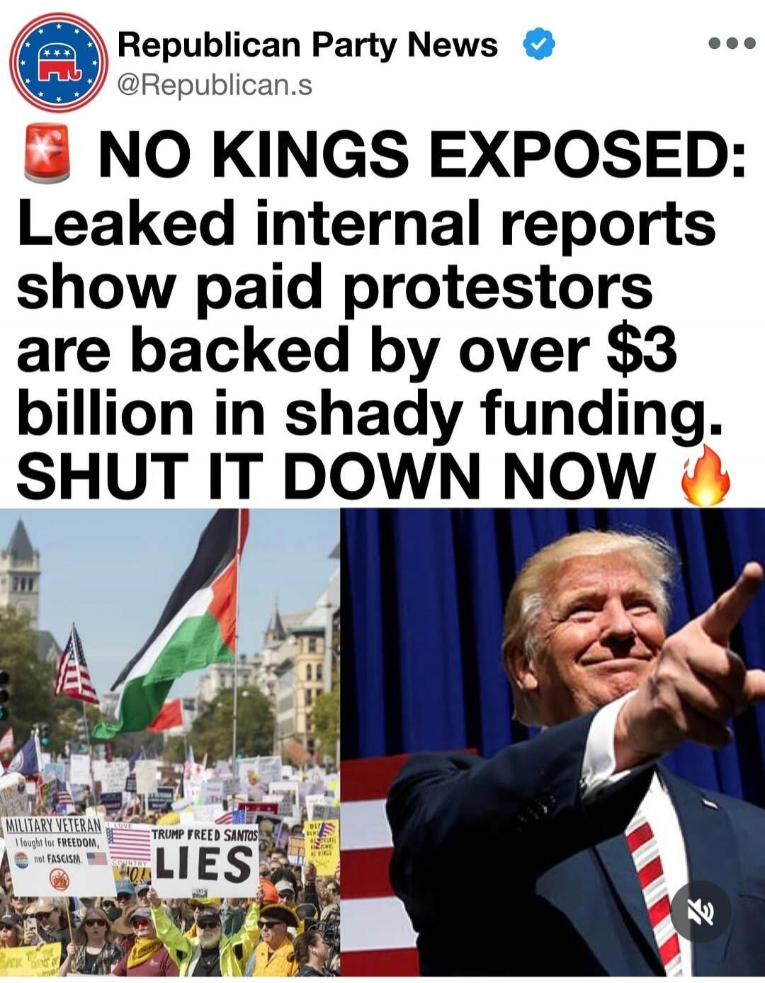 Republican Party News @Republican.s NO KINGS EXPOSED: Leaked internal reports show paid protestors are backed by over $3 billion in shady funding. SHUT IT DOWN NOW. Signs in the crowd read: 'MILITARY VETERAN I fought for freedom, not FASCISM', 'TRUMP FREED SANTOS', 'LIES', 'COUNTRY OVER PARTY'.