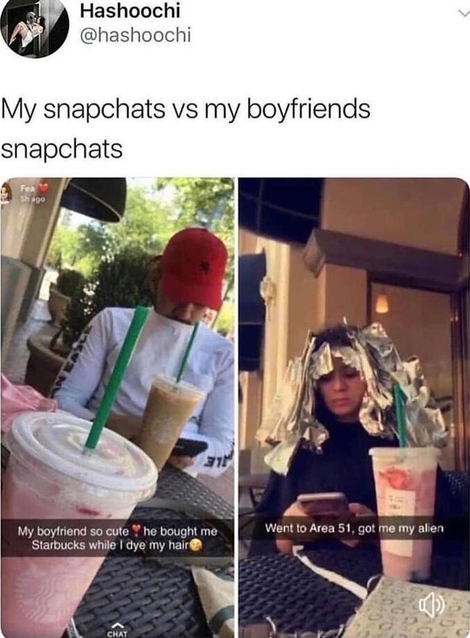 Hashoochi My snapchats vs my boyfriends snapchats My boyfriend so cute he bot Starbucks whie dye