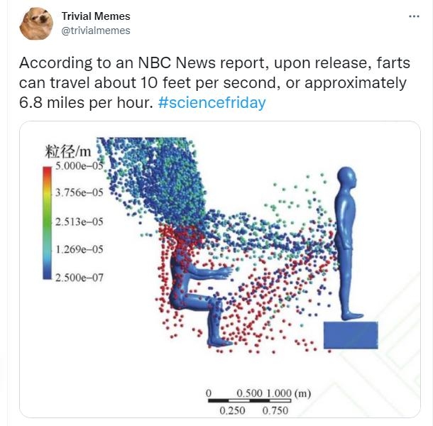 Trvial Memes Guiaimemes According to an NBC News report upon release farts can travel about 10 feet per second or approximately 68 miles per hour sciencefriday 2513 05 126905 2500007 005001000 m 0250 0750 1234 PM 18 2022 Twitter Web App
