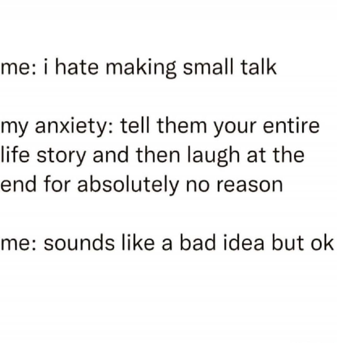 me: i hate making small talk my anxiety: tell them your entire life story and then laugh at the end for absolutely no reason me: sounds like a bad idea but ok