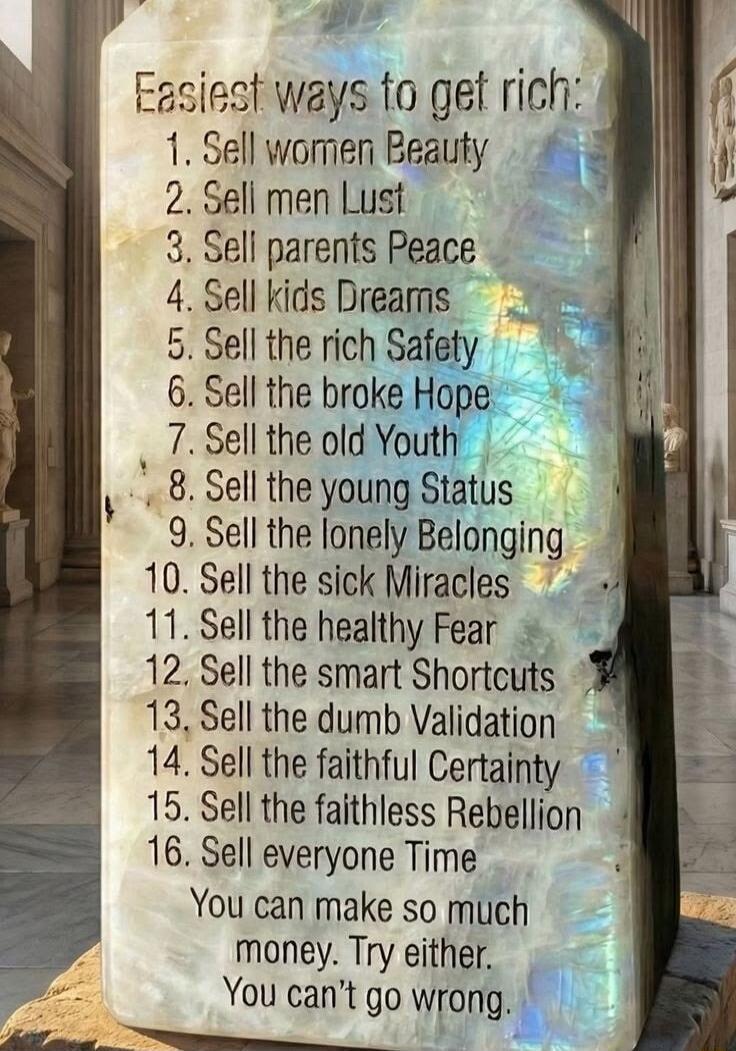 Easiest ways to get rich:
1. Sell women Beauty
2. Sell men Lust
3. Sell parents Peace
4. Sell kids Dreams
5. Sell the rich Safety
6. Sell the broke Hope
7. Sell the old Youth
8. Sell the young Status
9. Sell the lonely Belonging
10. Sell the sick Miracles
11. Sell the healthy Fear
12. Sell the smart Shortcuts
13. Sell the dumb Validation
14. Sell t