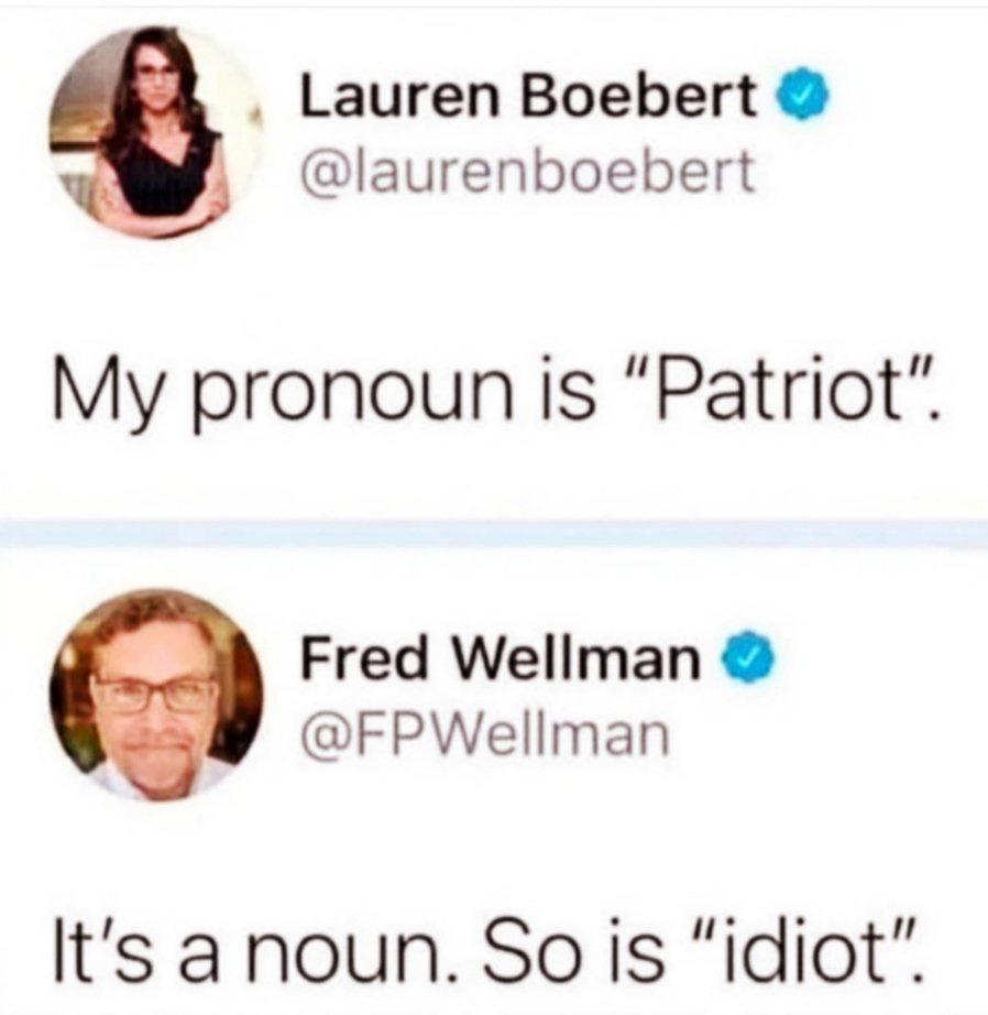 Lauren Boebert 3 laurenboebert My pronoun is Patriot Fred Wellman FPWellman Its a noun So is idiot
