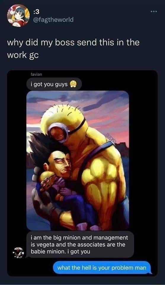 3 fagtheworld why did my boss send this in the work gc tavian igot you guys ERGEN TR R e R L E e e is vegeta and the associates are the 4 babie minion i got you