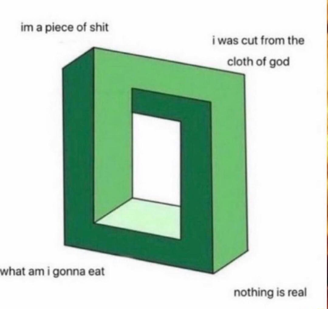 im a piece of shit iwas cut from the cloth of god what am i gonna eat nothing is real