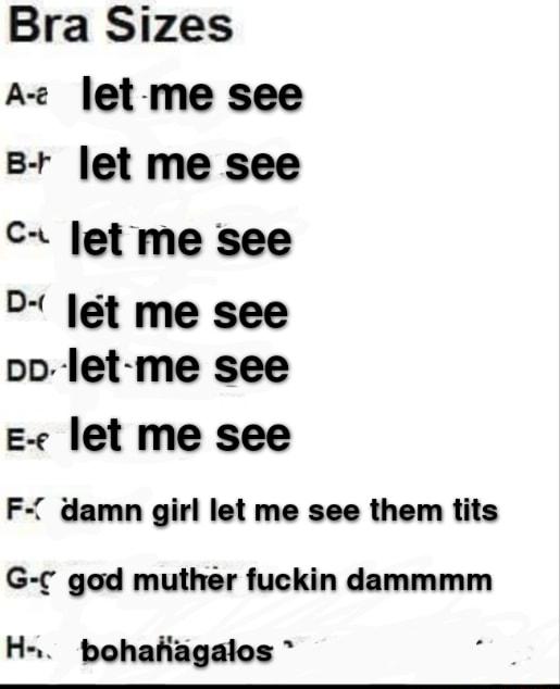 Bra Sizes Az et me see B let me see let me see D t me see po let me see e let me see F damn girl let me see them tits G god muther fuckin dammmm H bohafiagalos