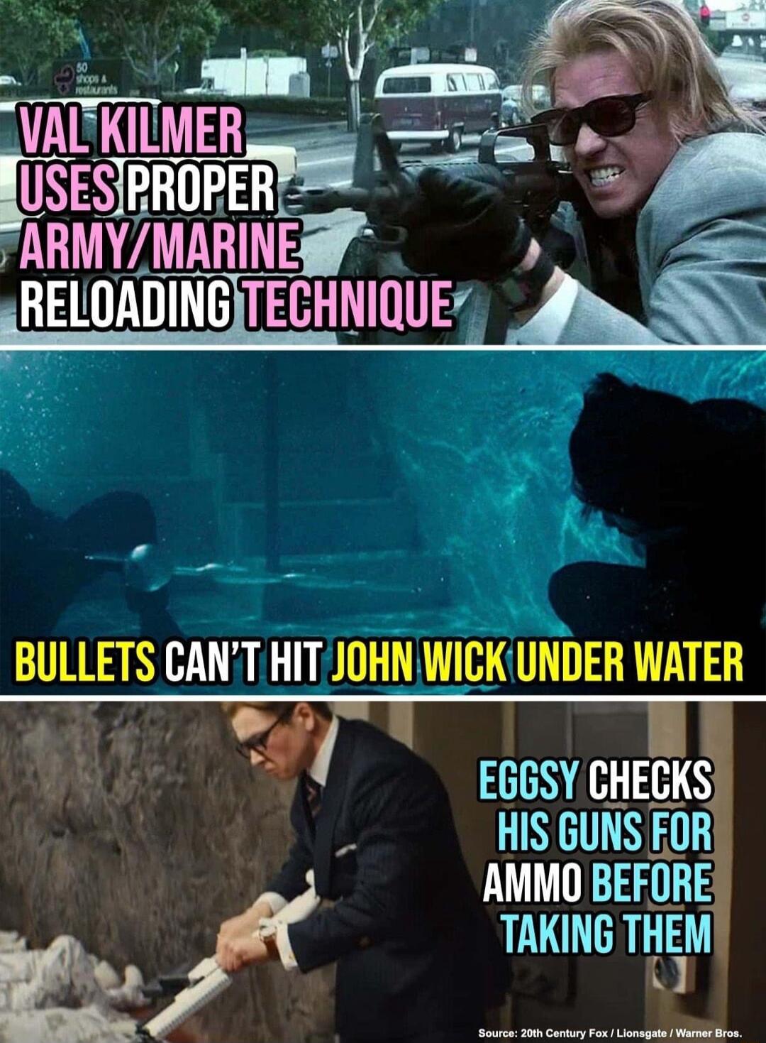 m O _ VAKITMER s JUSESIPROPER ARMYMARINE RELOADINGITECHNIQUE BULLETS CANT HIT JOHN WICKUNDER WATER Wf 4 EGGSY CHECKS o AMMO BEFORE m TAKING THEN