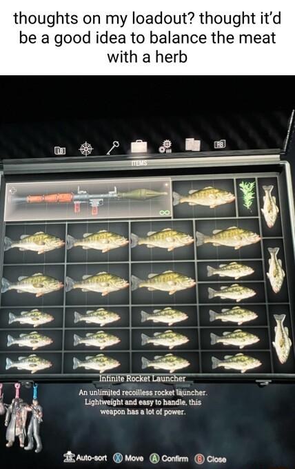 thoughts on my loadout thought itd be a good idea to balance the meat with a herb Emii An unlimjted recoifless rocke Waancher g e sk pover Banoson vove oot Closs