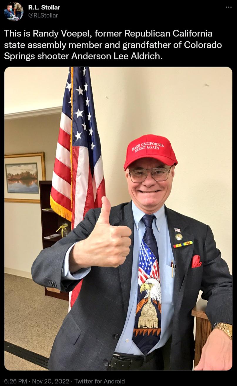 i o This is Randy Voepel former Republican California state assembly member and grandfather of Colorado Springs shooter Anderson Lee Aldrich