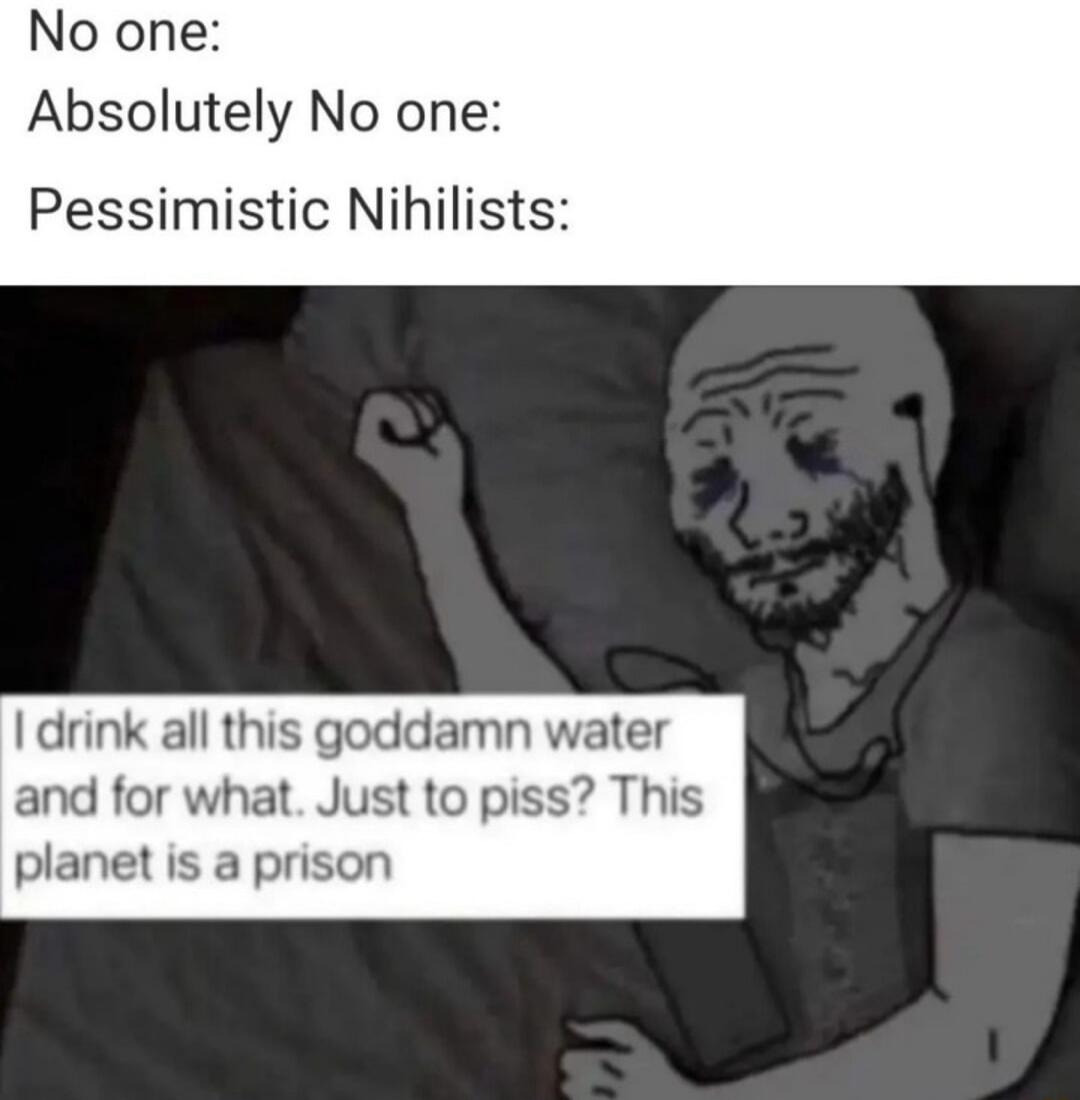 No one Absolutely No one Pessimistic Nihilists I drink all this goddamn water and for what Just to piss This planet is a prison