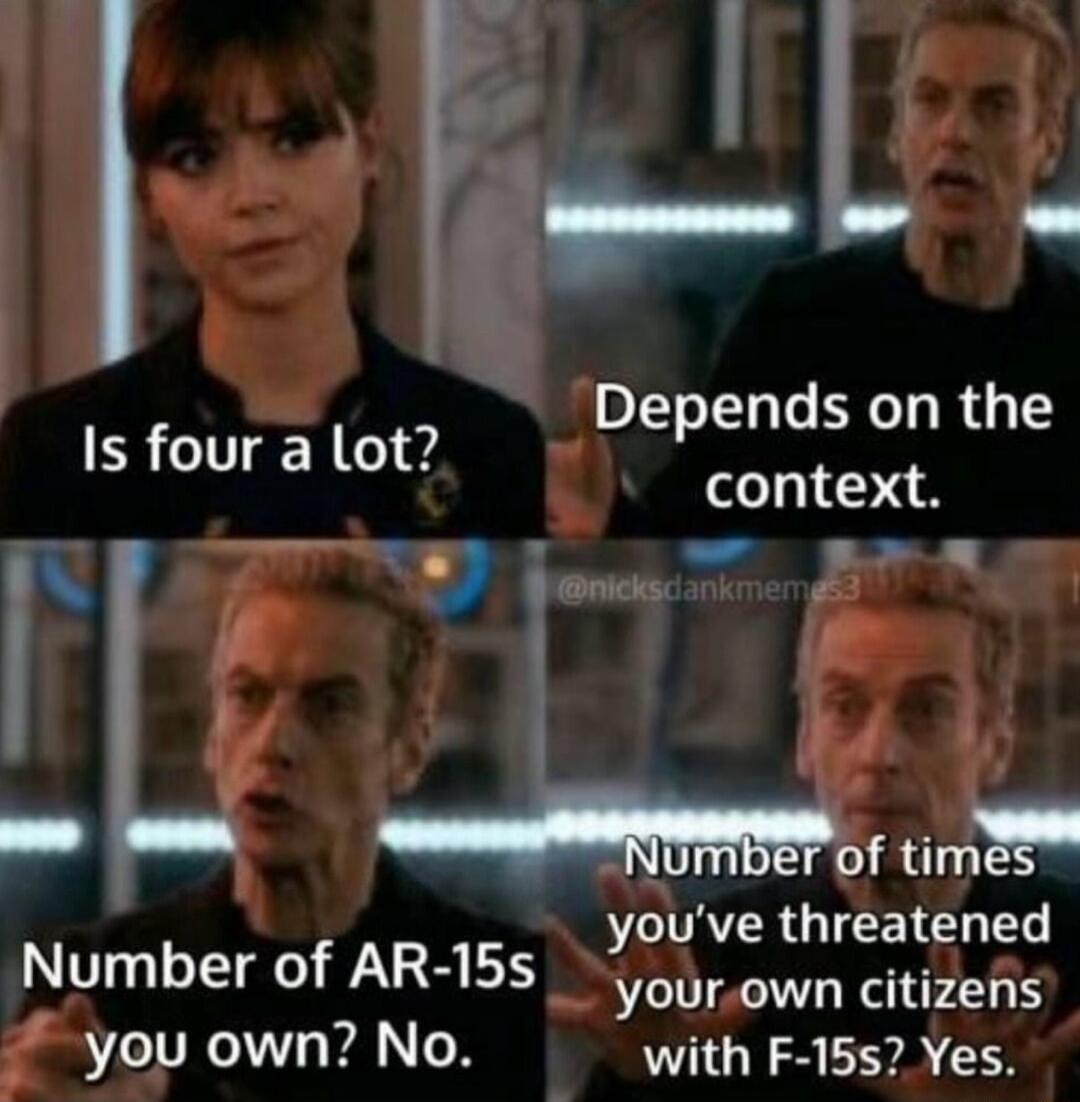 Depends on the context r i L oflim youve threatened Number of AR 15s yourown citizens you own No with F 15s2 Yes Is four a lot