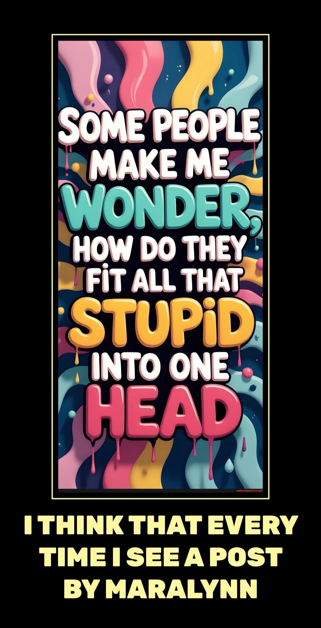 SOME PEOPLE MAKE ME WONDER, HOW DO THEY FIT ALL THAT STUPID INTO ONE HEAD. I THINK THAT EVERY TIME I SEE A POST BY MARALYNN.