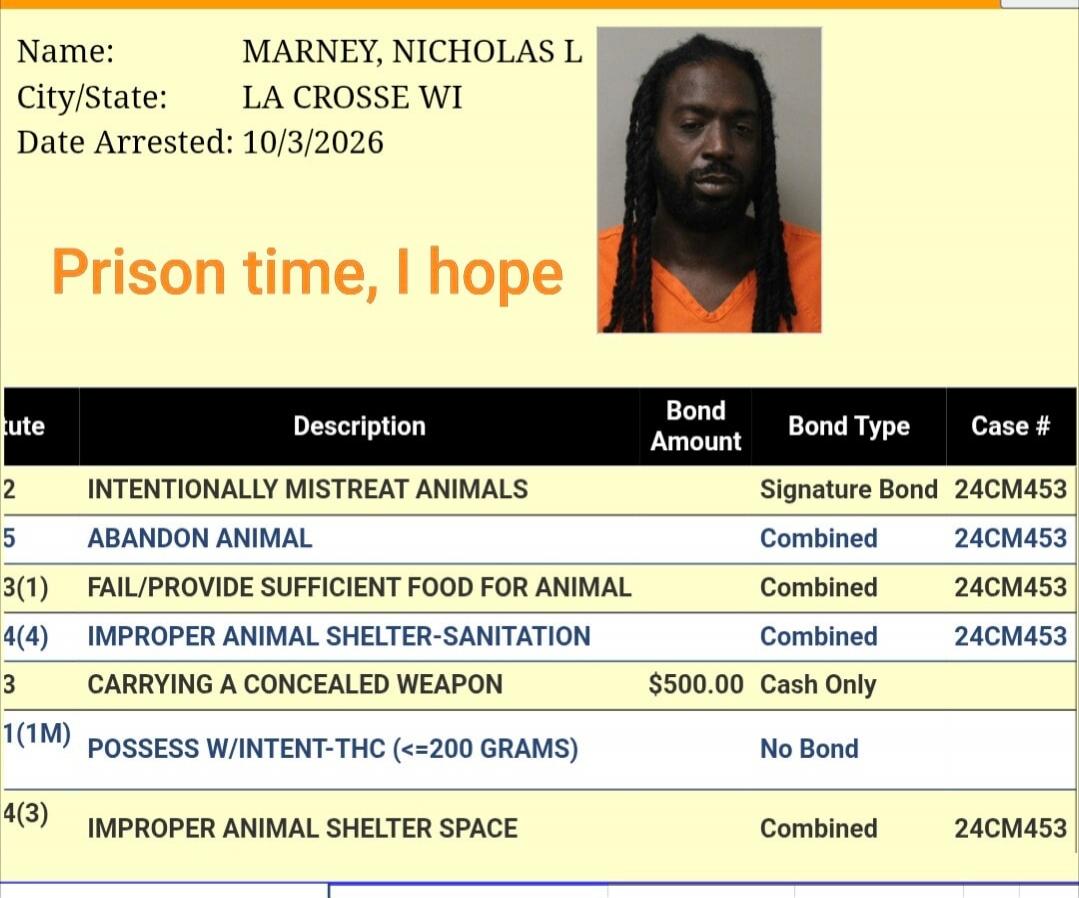 Name: MARNEY, NICHOLAS L City/State: LA CROSSE WI Date Arrested: 10/3/2026 Prison time, I hope. Charges: Intentionally Mistreat Animals, Abandon Animal, Fail/Provide Sufficient Food for Animal, Improper Animal Shelter-Sanitation, Carrying a Concealed Weapon, Possess W/Intent-THC (<=200 Grams), Improper Animal Shelter Space.