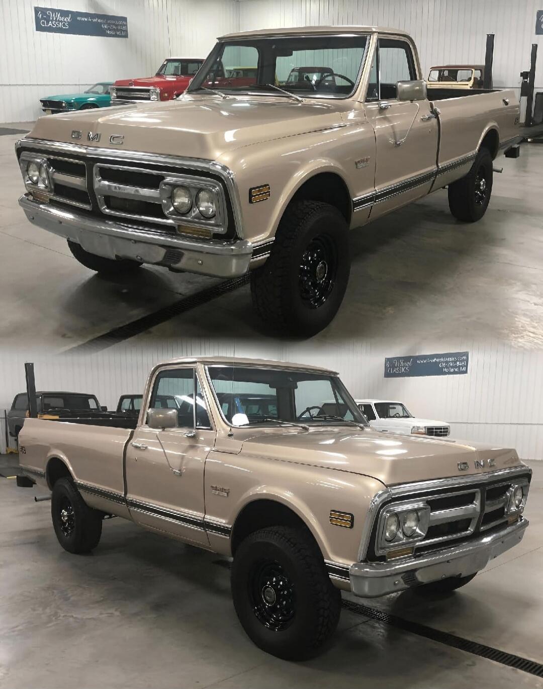 Two photos of a vintage beige Dodge pickup truck in a showroom. The grille has a prominent 'DODGE' emblem.