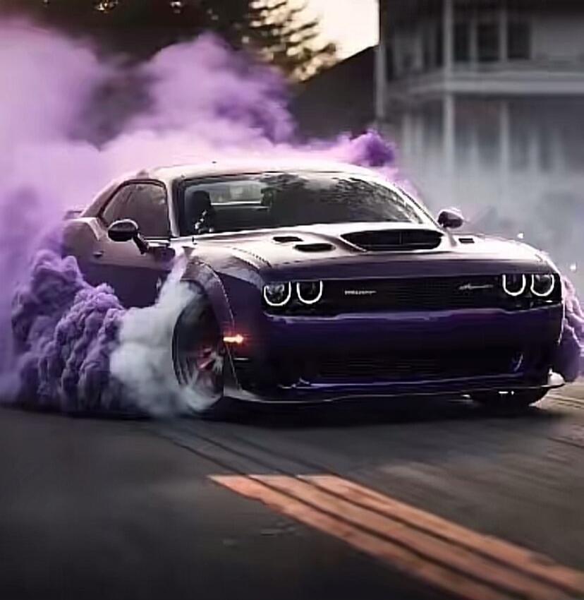 A high-power car performing a burnout generating purple smoke.