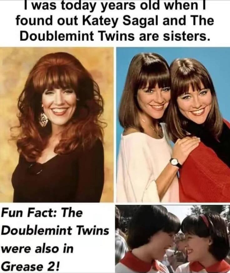 I was today years old when I found out Katey Sagal and The Doublemint Twins are sisters.

Fun Fact: The Doublemint Twins were also in Grease 2!