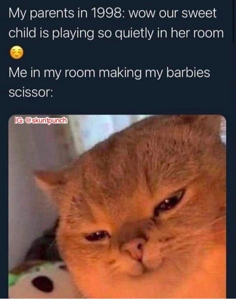 My parents in 1998 wow our sweet elallleREY o EilgTe R Xo VI 1VATa Nl ole a1 Me in my room making my barbies scissor