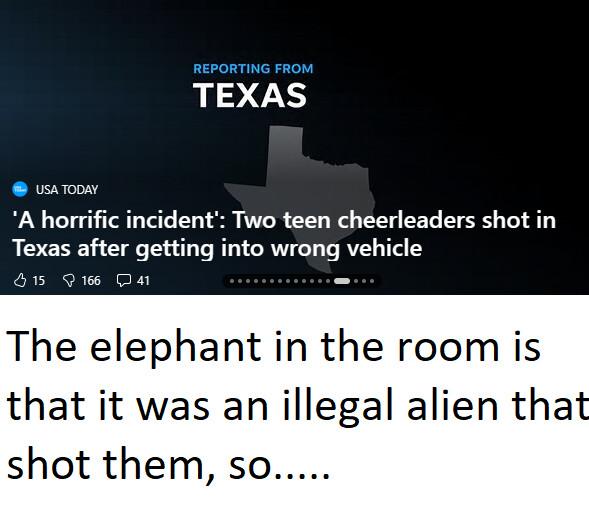TEXAS usaTooAY A horrific incident Two teen cheerleaders shot in Texas after getting into wrong vehicle 515 Qe Qo The elephant in the room is that it was an illegal alien that shot them so