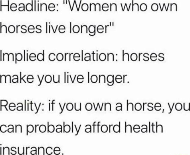 Headline WWomen who own horses live longer Implied correlation horses make you live longer Reality if you own a horse you can probably afford health insurance