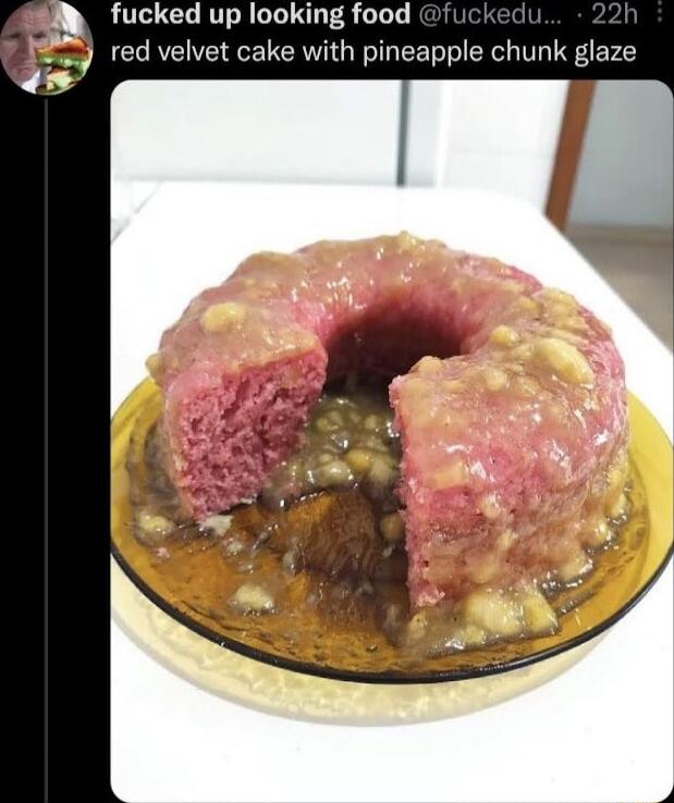 red velvet cake with pineapple chunk glaze