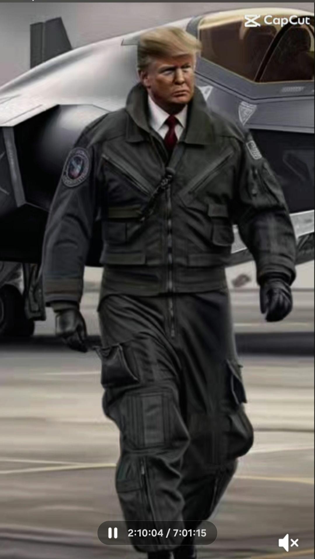 An image of Donald Trump photoshopped into a military flight suit, walking in front of a stealth fighter jet.