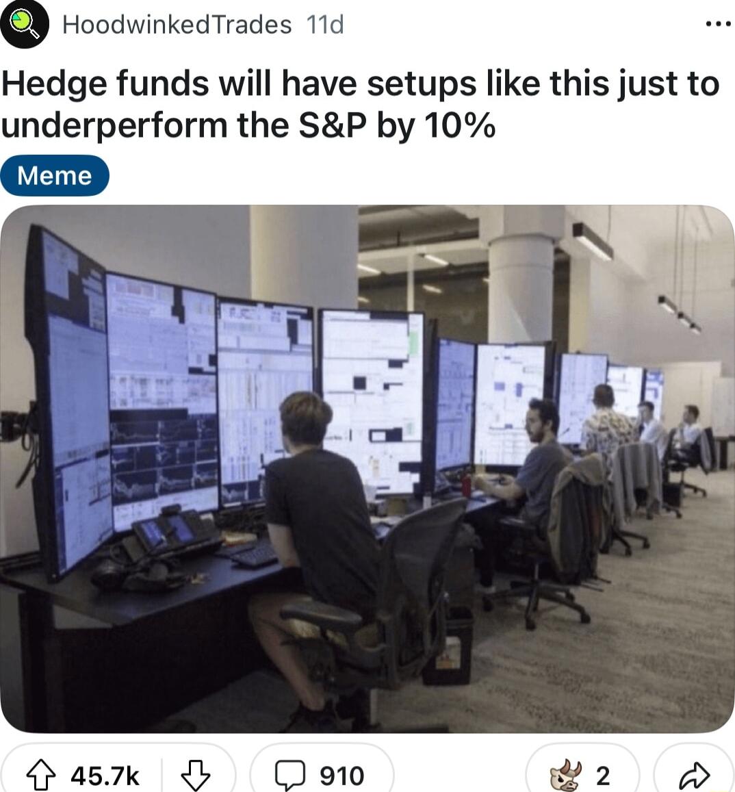 2 HoodwinkedTrades 11d Hedge funds will have setups like this just to underperform the SP by 10 457k db 910