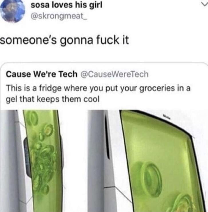 sosa loves his girl Y i skrongmeat someones gonna fuck it Cause Were Tech CauseWereTech This is a fridge where you put your groceries in a gel that keeps them cool