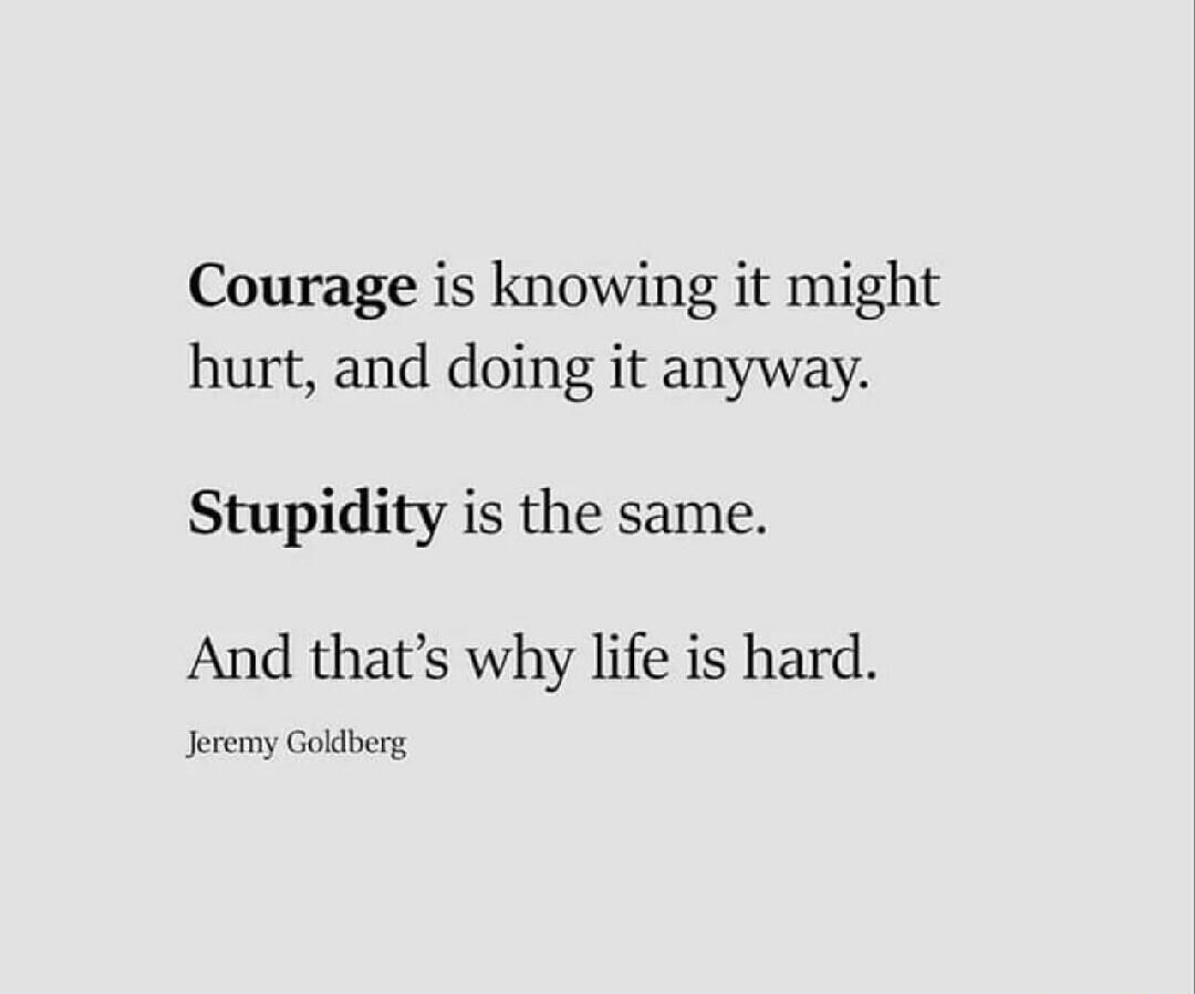 Courage is knowing it might hurt and doing it anyway Stupidity is the same And thats why life is hard Jeremy Goldberg
