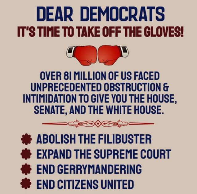 DEAR DEMOCRATS ITS TIME TO TAKE OFF THE GLOVES 9 OVER 81 MILLION OF US FACED UNPRECEDENTED OBSTRUCTION INTIMIDATION TO GIVE YOU THE HOUSE SENATE AND THE WHITE HOUSE cster ABOLISH THE FILIBUSTER EXPAND THE SUPREME COURT END GERRYMANDERING END CITIZENS UNITED