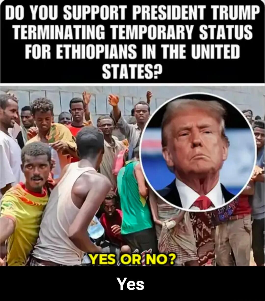 DO YOU SUPPORT PRESIDENT TRUMP TERMINATING TEMPORARY STATUS FOR ETHIOPHIANS IN THE UNITED STATES? YES OR NO? Yes