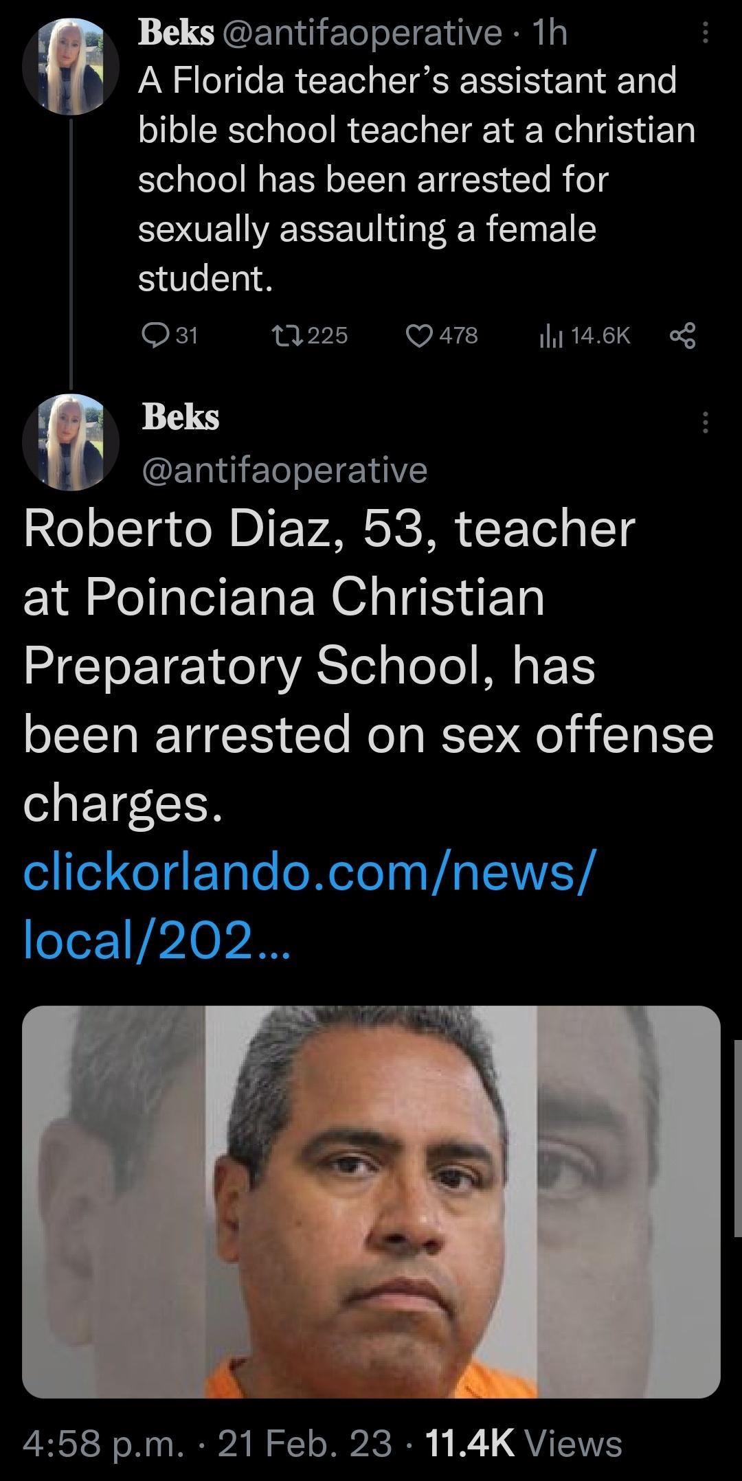 A Florida teachers assistant and bible school teacher at a christian school has been arrested for sexually assaulting a female student O3t 1225 Qars hi1asK o 1 JOERELT TR 1 antifaoperative Roberto Diaz 53 teacher at Poinciana Christian Preparatory School has been arrested on sex offense charges clickorlandocomnews local202 LN N NERA T IR B QYT
