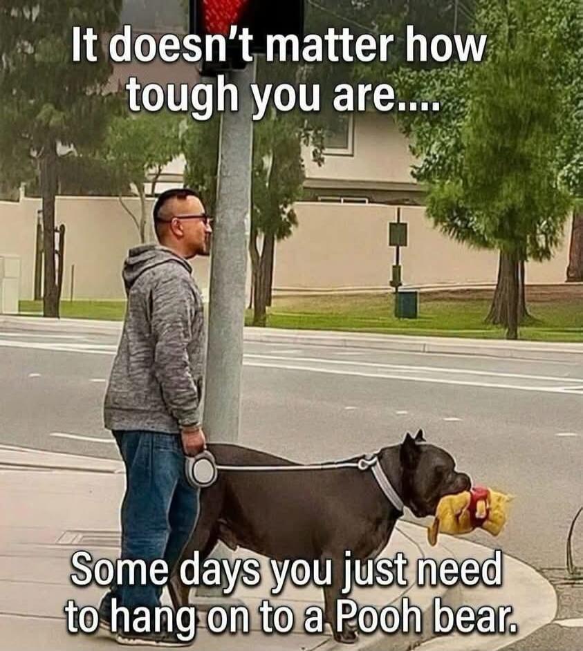 It doesn't matter how tough you are.... Some days you just need to hang on to a Pooh bear.