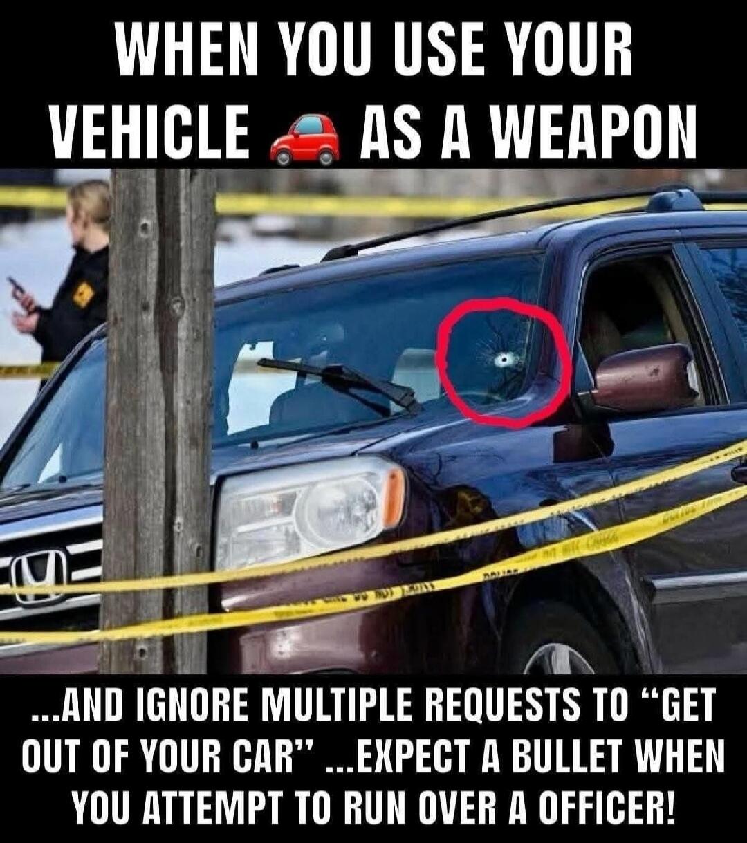 WHEN YOU USE YOUR VEHICLE 🚗 AS A WEAPON ...AND IGNORE MULTIPLE REQUESTS TO “GET OUT OF YOUR CAR” ...EXPECT A BULLET WHEN YOU ATTEMPT TO RUN OVER A OFFICER!