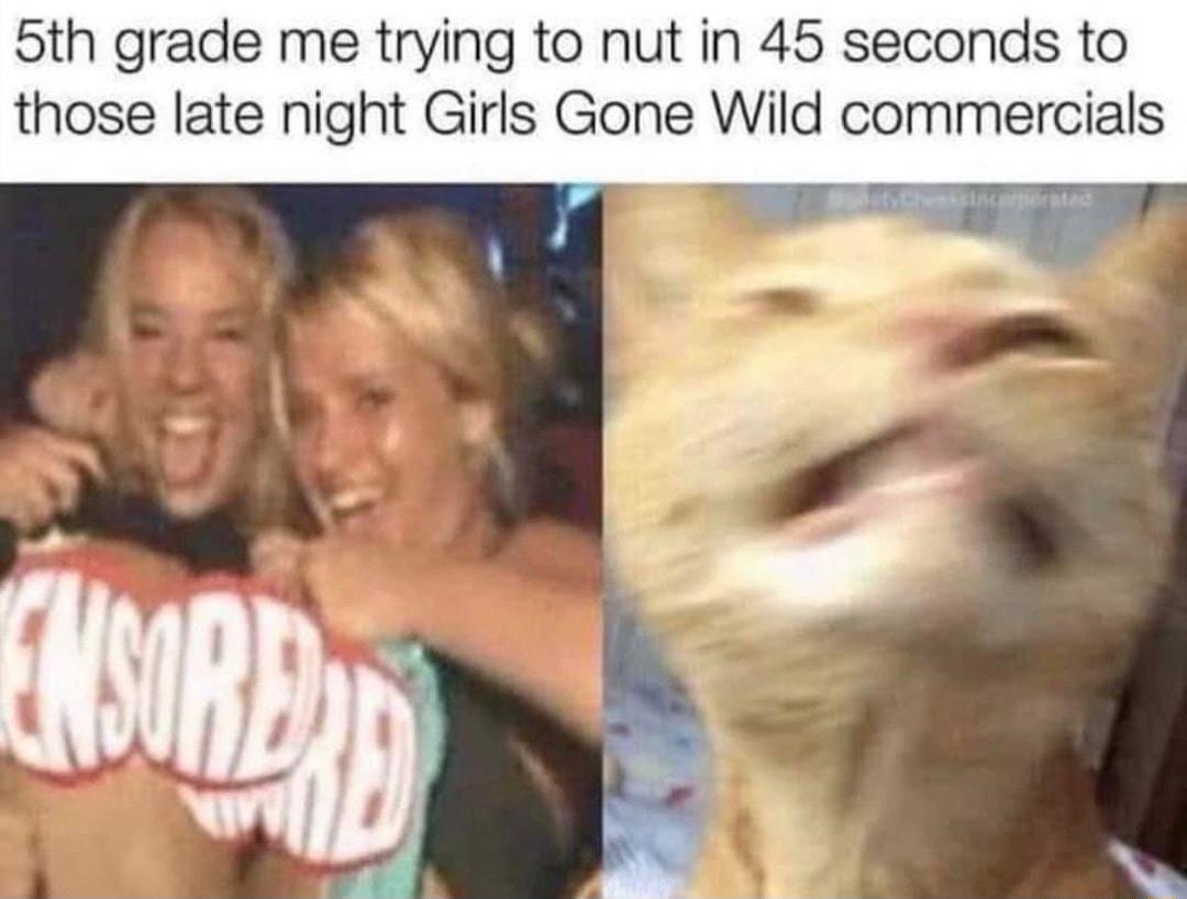 5th grade me trying to nut in 45 seconds to those late night Girls Gone Wild commercials