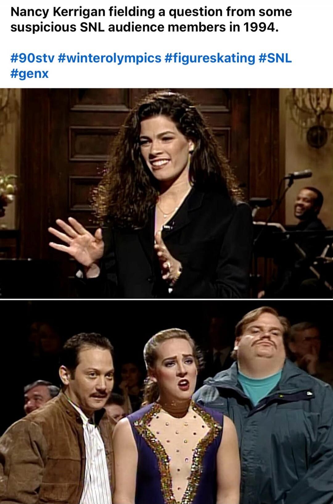 Nancy Kerrigan fielding a question from some suspicious SNL audience members in 1994. #90stv #winterolympics #figureskating #SNL #genx