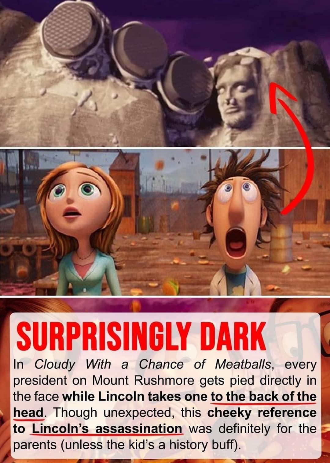 SURPRISINGLY DARK In Cloudy With a Chance of Meatballs every president on Mount Rushmore gets pied directly in the face while Lincoln takes one to the back of the head Though unexpected this cheeky reference to Lincolns assassination was definitely for the parents unless the kids a history buff