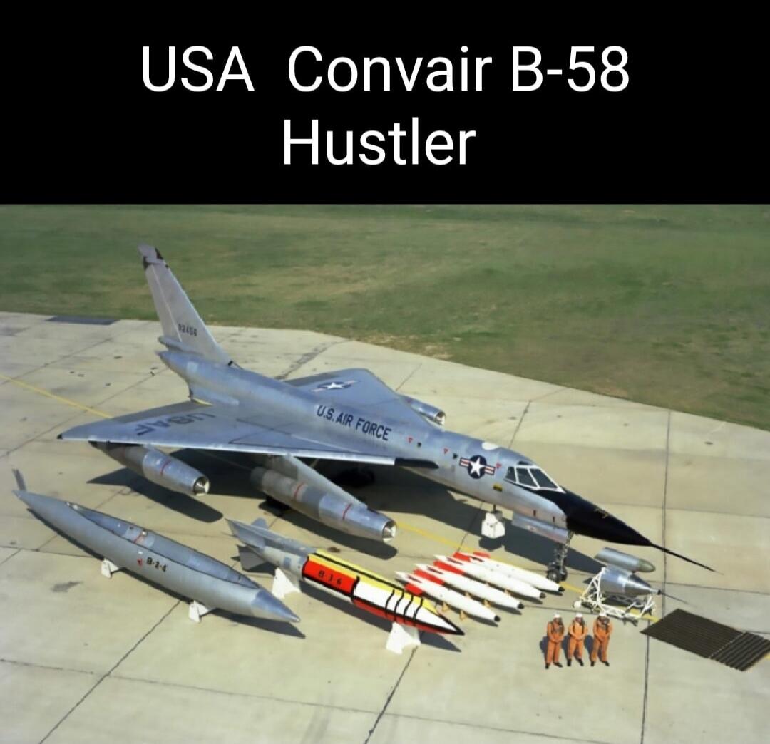 USA Convair B-58 Hustler. A Convair B-58 Hustler bomber aircraft is shown on an airfield, surrounded by various bombs and missiles, with three personnel in flight suits standing nearby.