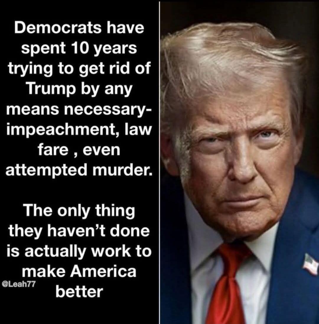 Democrats have spent 10 years trying to get rid of Trump by any means necessary - impeachment, law fare, even attempted murder. The only thing they haven't done is actually work to make America better @Leah77