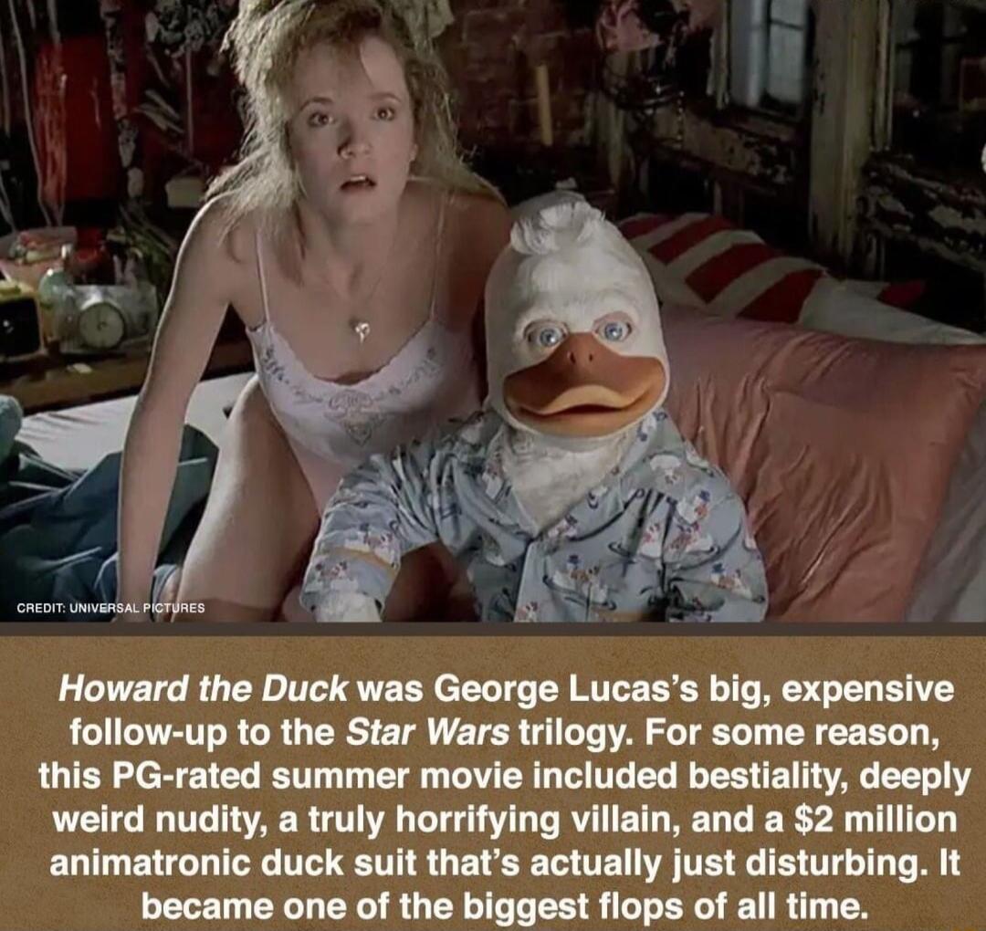 Howard the Duck was George Lucass big expensive follow up to the Star Wars trilogy For some reason this PG rated summer movie included bestiality deeply weird nudity a truly horrifying villain and a 2 million animatronic duck suit thats actually just disturbing It became one of the biggest flops of all time