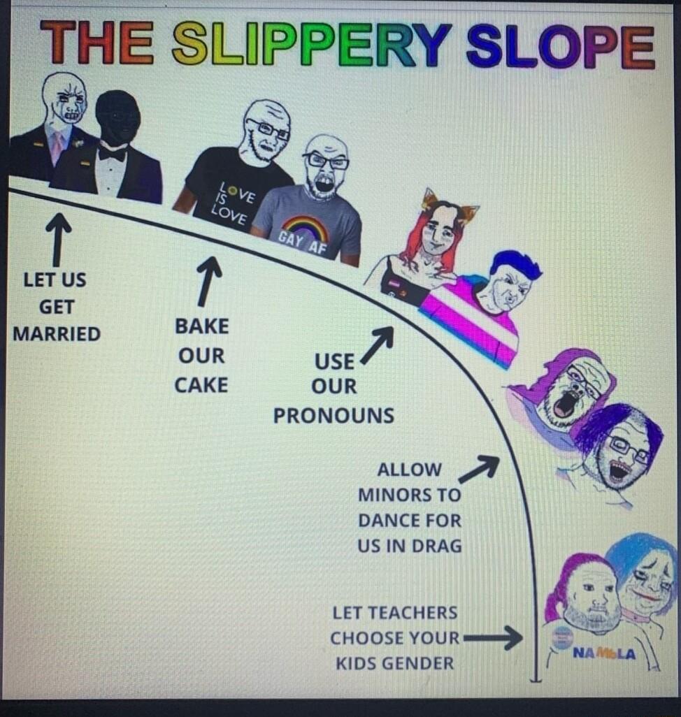 THE SLIPPERY SLOPE LETUS GET MARRIED PRONOUNS MINORS TO DANCE FOR US IN DRAG LET TEACHERS CHOOSE YOUR y KIDS GENDER