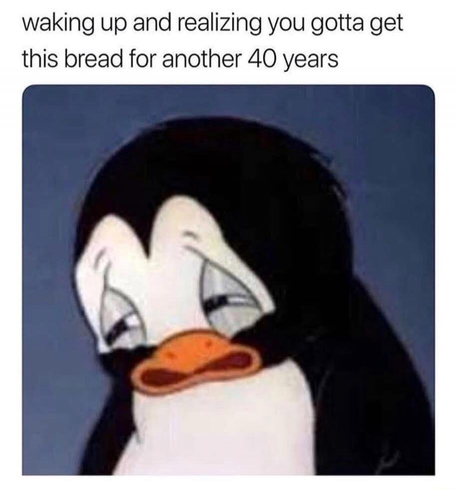 waking up and realizing you gotta get this bread for another 40 years