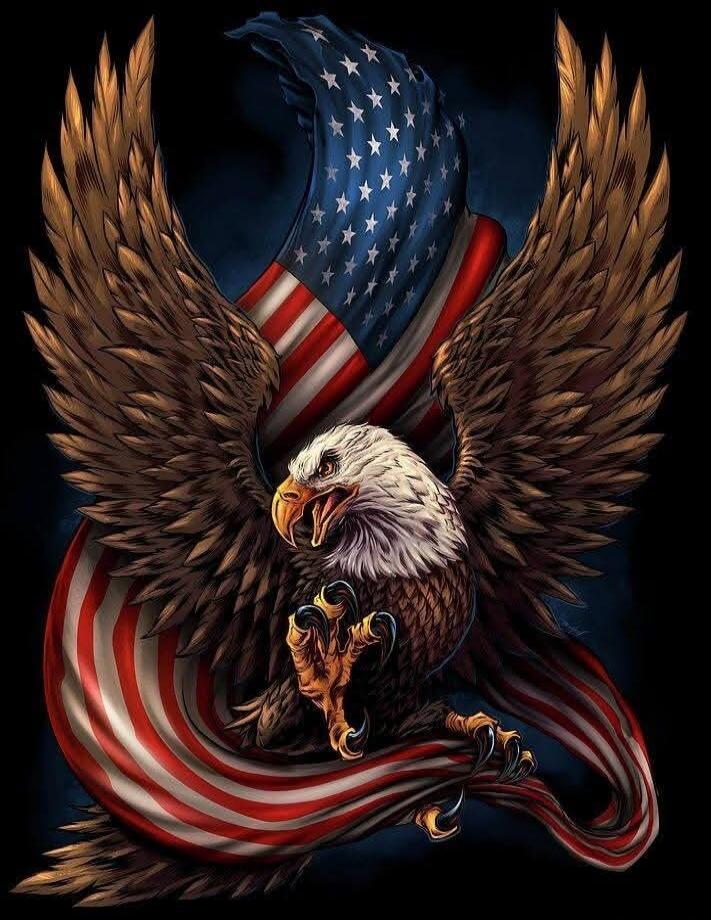 An illustrated bald eagle with an American flag in the background, wings spread and talons extended.