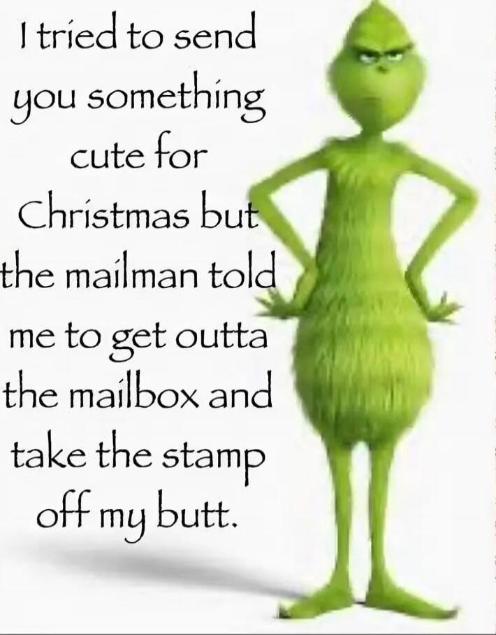 I tried to send you something cute for Christmas but the mailman told me to get outta the mailbox and take the stamp off my butt.