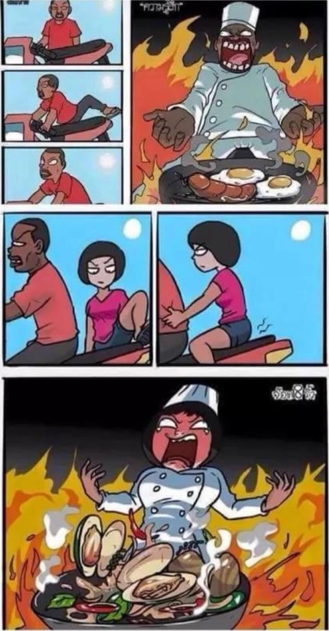 A comic strip showing a sequence: a man handles a pan on a road/motorbike scene, a chef is depicted in a kitchen with flames and a pan, a woman sits on a bench while another woman approaches, and in the final panel the chef is overwhelmed by flames around a large sizzling dish.