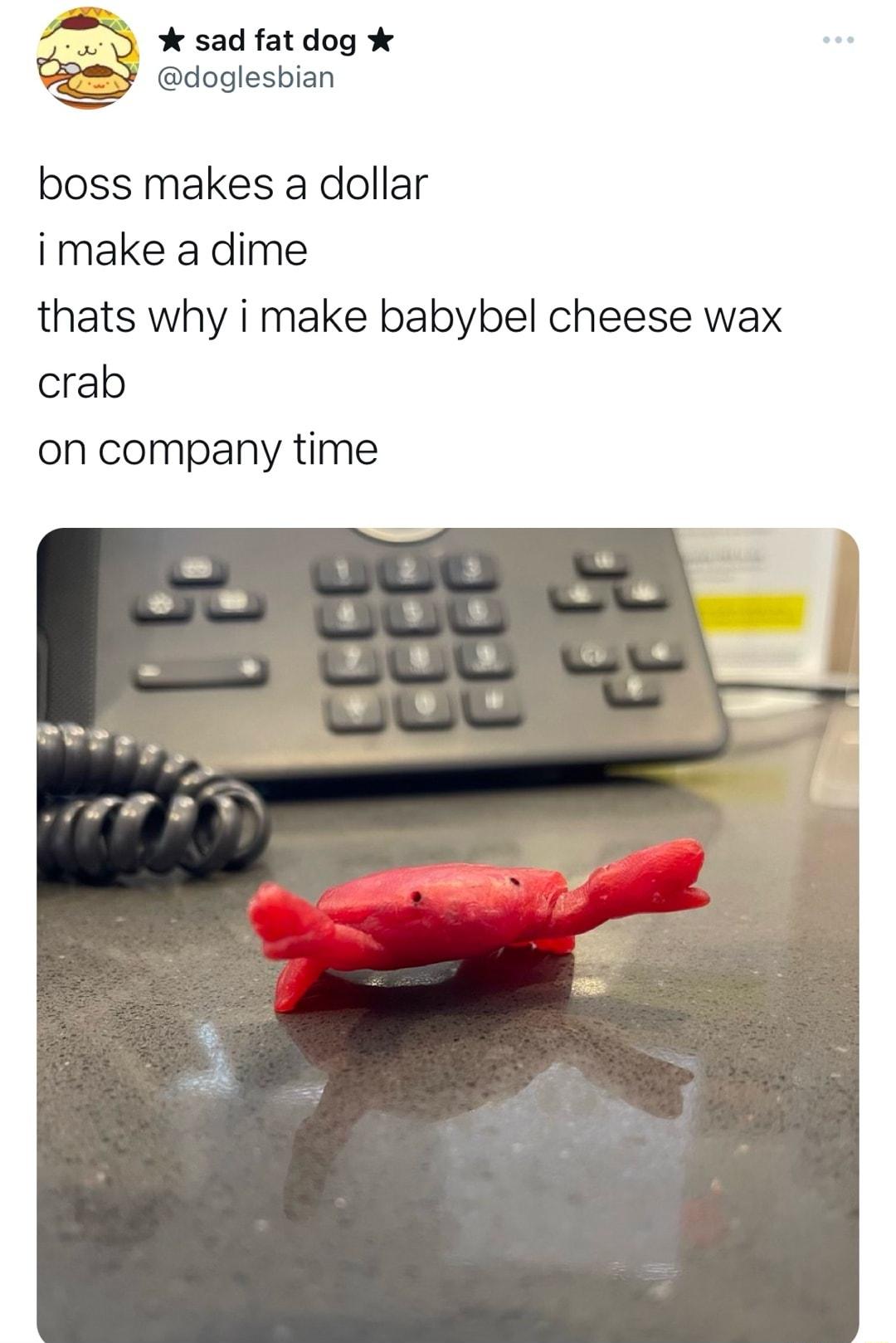 o sad fat dog doglesbian boss makes a dollar imake a dime thats why i make babybel cheese wax crab on company time