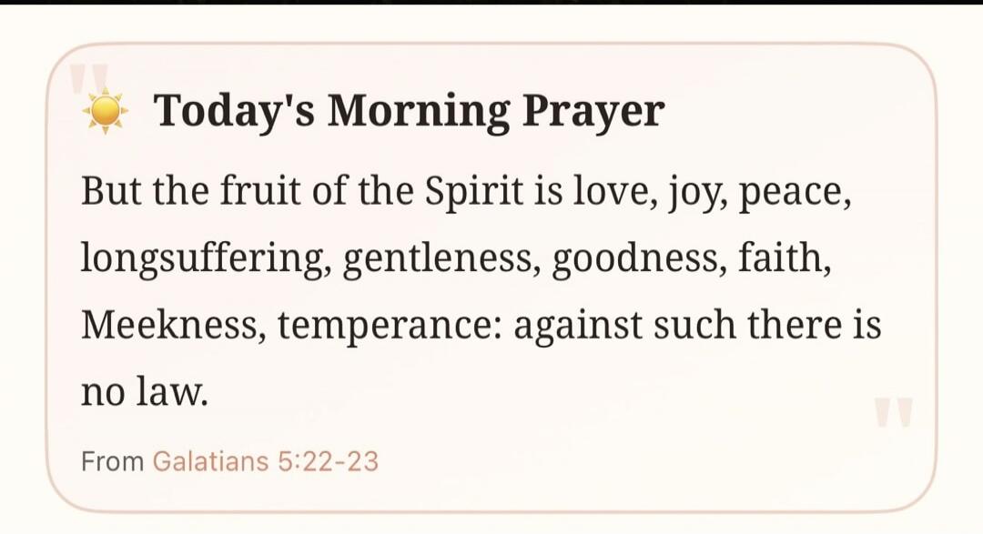 Today's Morning Prayer. But the fruit of the Spirit is love, joy, peace, longsuffering, gentleness, goodness, faith, Meekness, temperance: against such there is no law. From Galatians 5:22-23