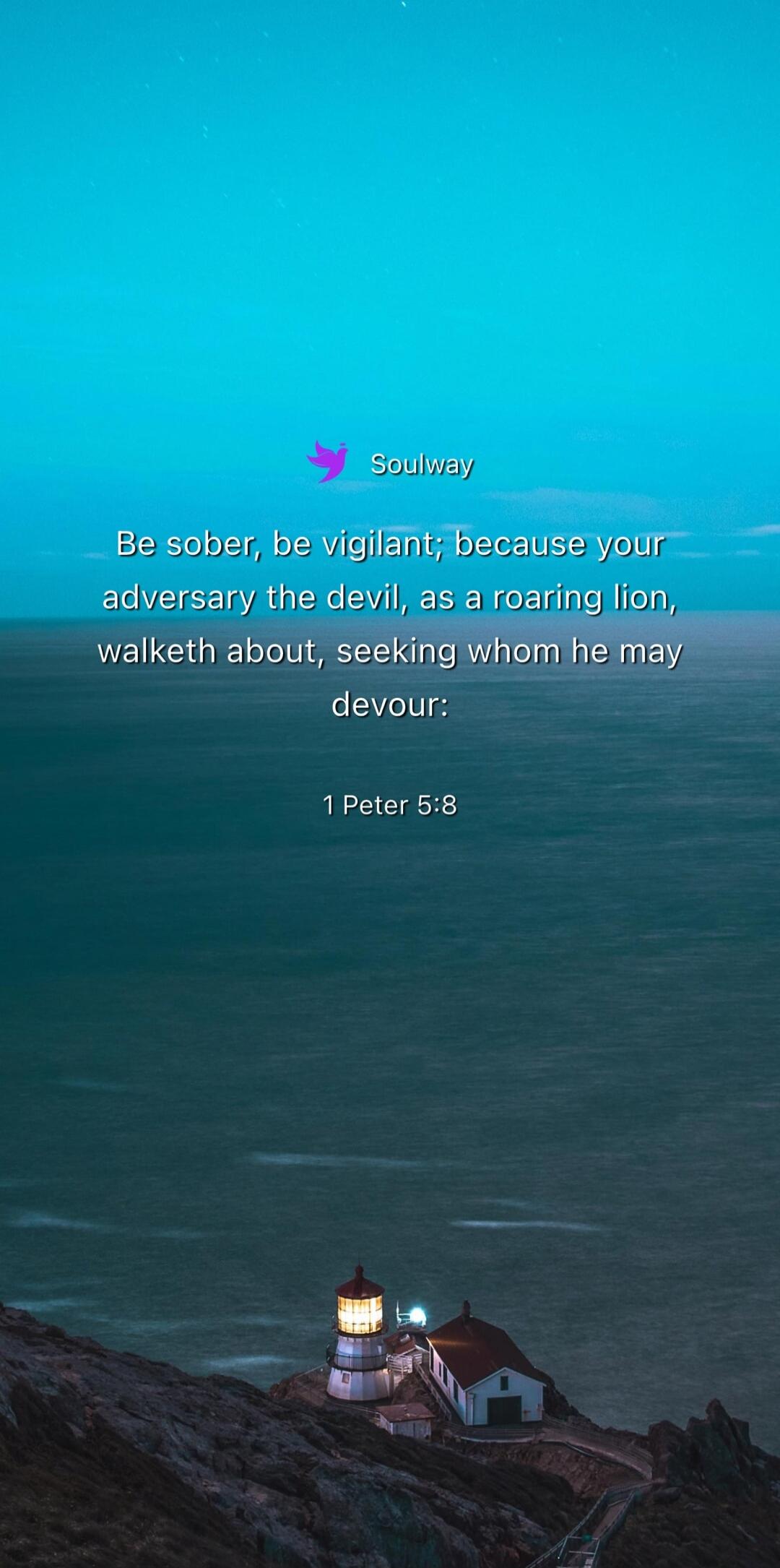 Soulway Be sober, be vigilant; because your adversary the devil, as a roaring lion, walketh about, seeking whom he may devour: 1 Peter 5:8