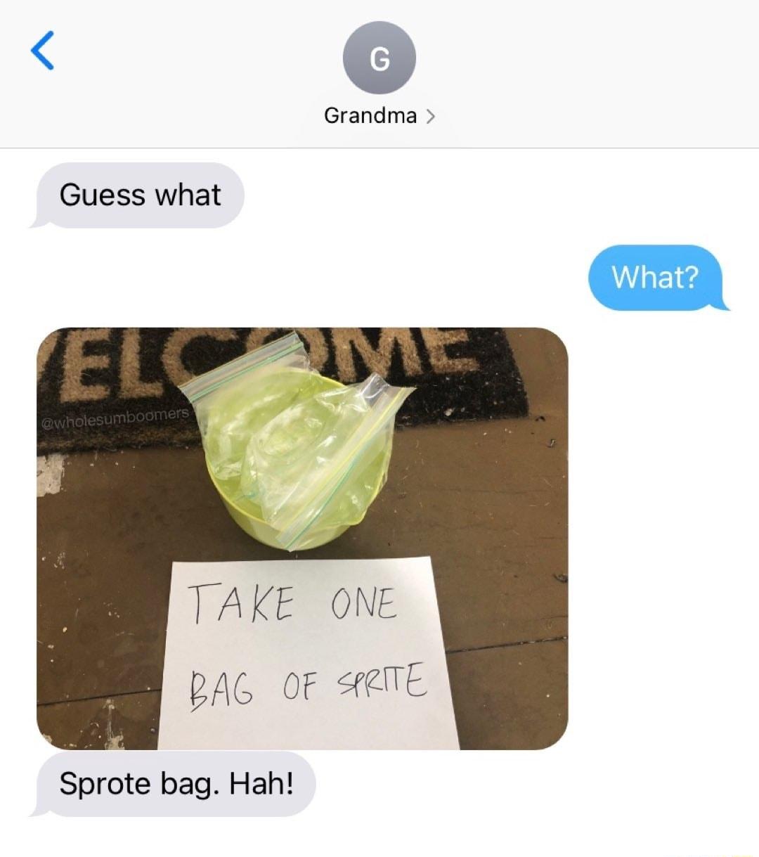 E Grandma Guess what BAG OF t Sprote bag Hah