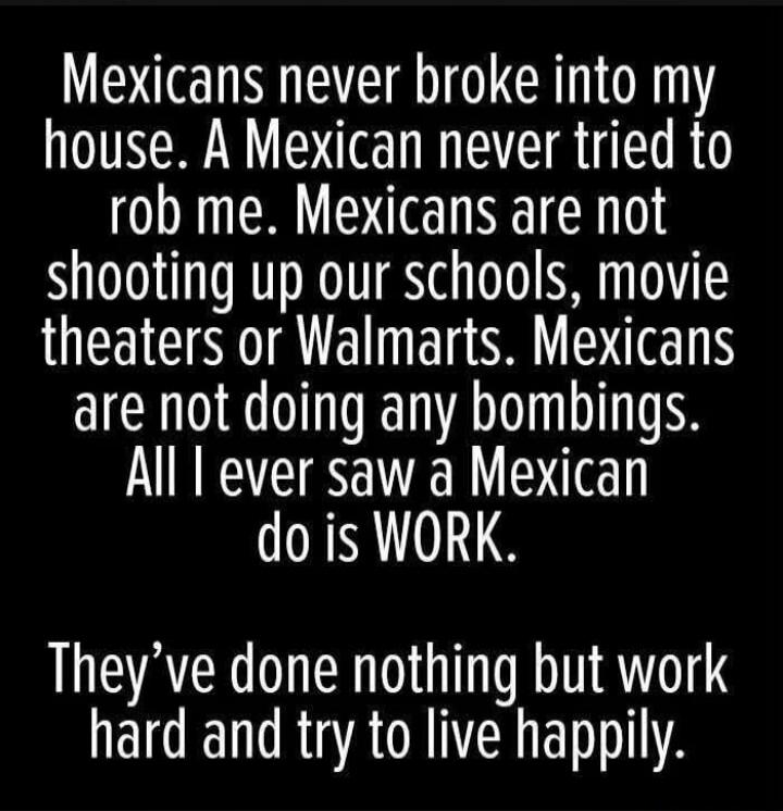 Mexicans never broke into my house. A Mexican never tried to rob me. Mexicans are not shooting up our schools, movie theaters or Walmarts. Mexicans are not doing any bombings. All I ever saw a Mexican do is WORK.
They've done nothing but work hard and try to live happily.